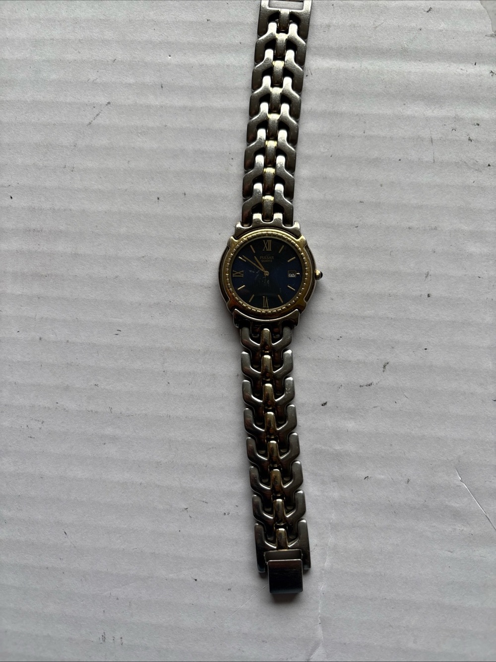Pulsar Two-Tone Men’s Watch with Blue Dial and Gold Accents-Light Scratches-